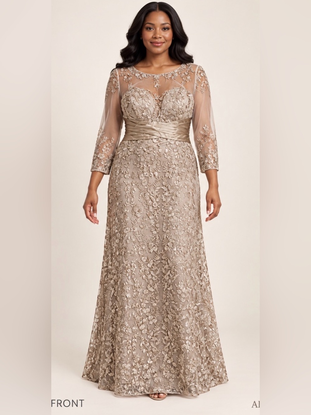 Embellished Taupe Evening Dress with Sheer Sleeves and Detachable Train